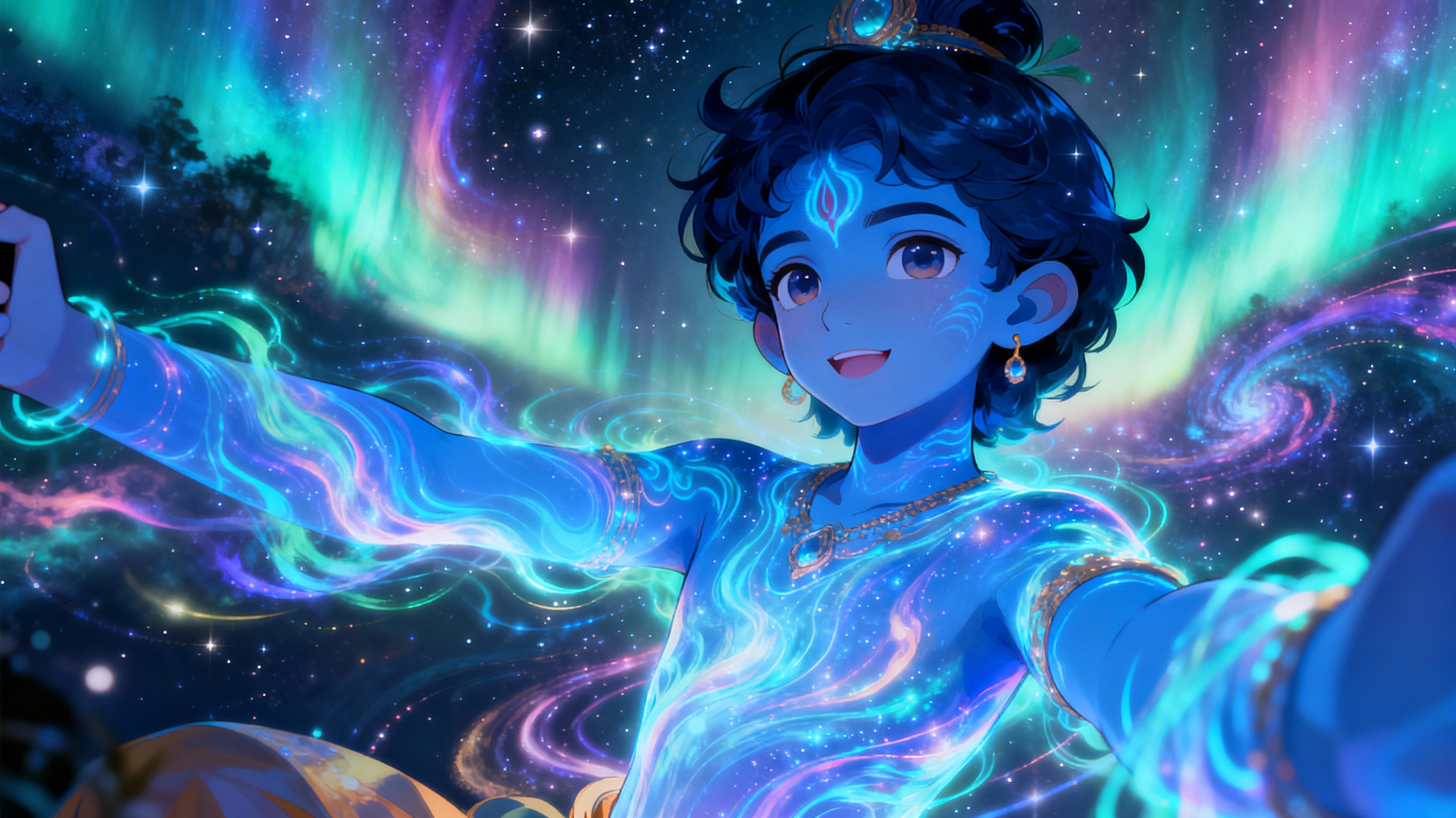 Blue Krishna personified as living aurora borealis with cosmic celestial colors